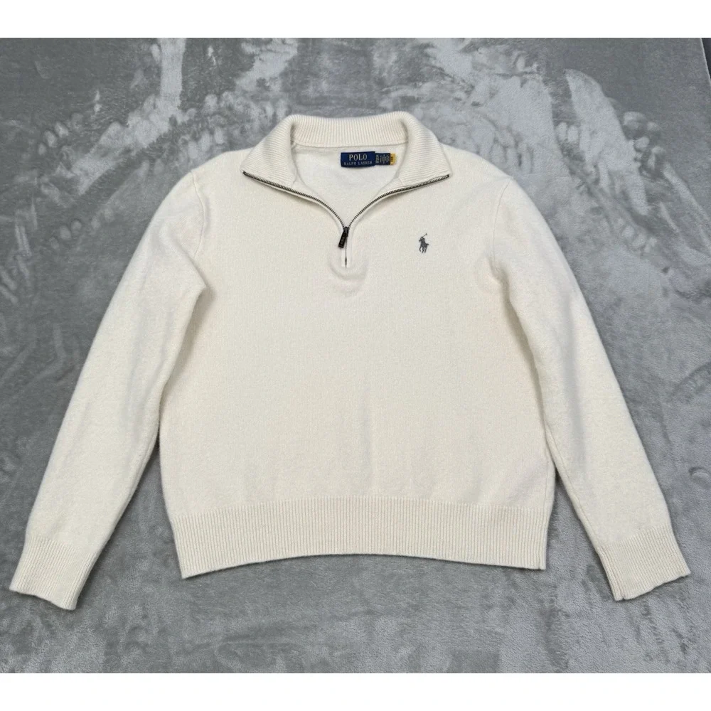 Polo Ralph Lauren 1/4 Zip Pullover Mens XL Cream Ivory White 100% Wool Gray Pony